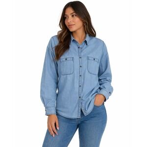 CHAPS Women's Pluss Size 1X Chambray Blue Shirt Button Up Long Sleeve 100% Lyoce